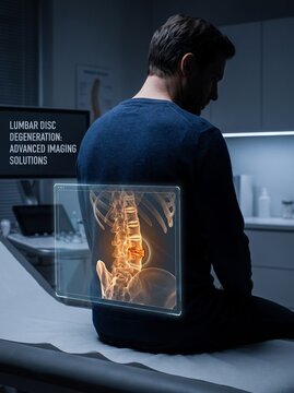 Man sitting in a medical office with a digital holographic overlay showing lumbar disc degeneration