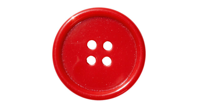 Shiny red plastic button with four holes, isolated on transparent background