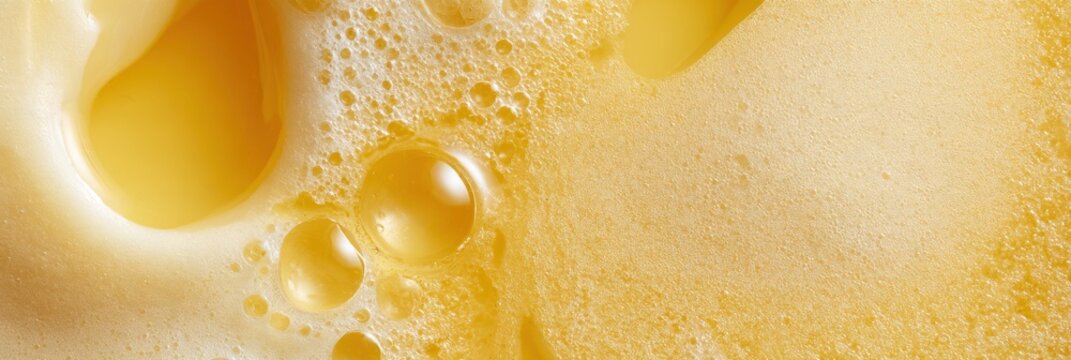 The scene displays a macro overhead view of pale beurre blanc butter sauce in cream with warm tones and smooth textures from French cuisine.