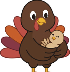 Fototapeta premium Cute mother turkey holding a small baby chick bird in arms with thanksgiving