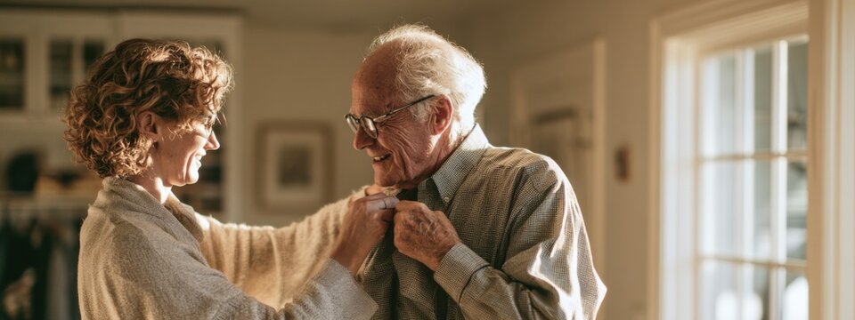 Woman helps elderly man dress in cozy home during morning hours before an event