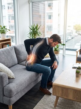 Young professional man experiencing lower back pain while sitting on couch in modern living room