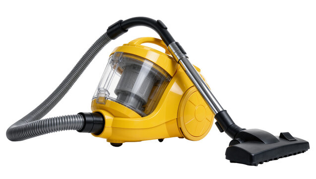 Yellow canister vacuum cleaner with hose and floor nozzle, isolated on transparent background