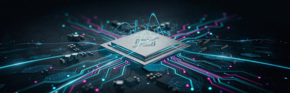 AI Microchip Background Featuring Neural Core Processor on Circuit Board with Glowing Cyan and Magenta Tech Lines, Quantum Data Waves, and Digital Network Streams for Cyberpunk Tech Web Banner Header