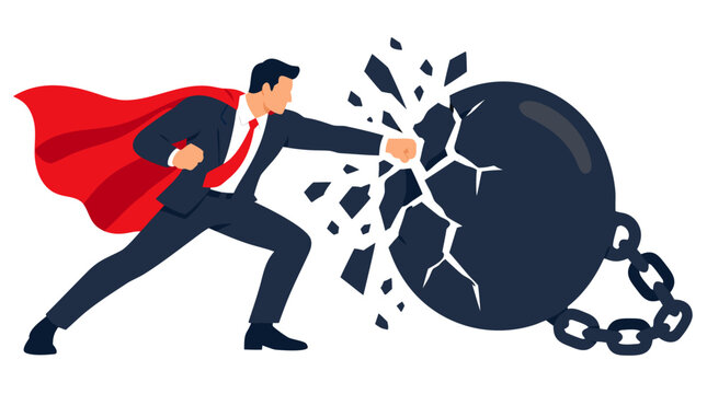 Superhero businessman wearing a billowing red cape punching and shattering a heavy black iron debt ball and chain, dynamic vector concept illustration against a solid white background
