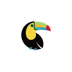 Fototapeta premium Colorful cartoon toucan bird with vibrant beak and feathers facing right on clean white background