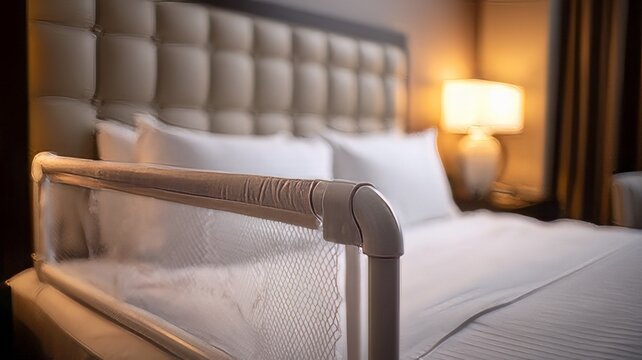 Adjustable white mesh toddler bed rail guard installed on a mattress. White mesh safety bed rail installed on the side of a bed to prevent falls.