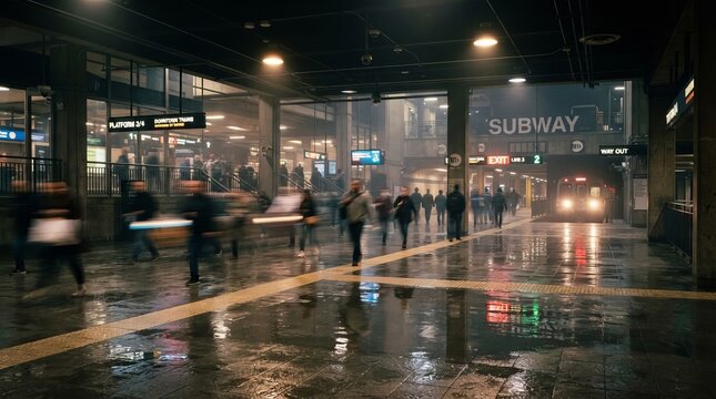 Nighttime metro concourse with streaks of blurred passengers, reflective floors, atmospheric haze