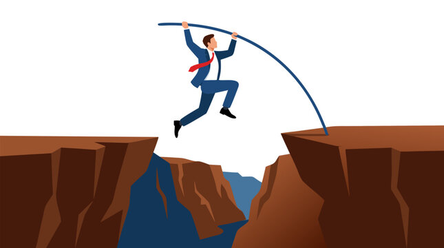 A daring corporate executive in formal business attire pole vaults over a deep mountain gorge using a flexible blue pole to span the rocky chasm in this adventurous vector illustration