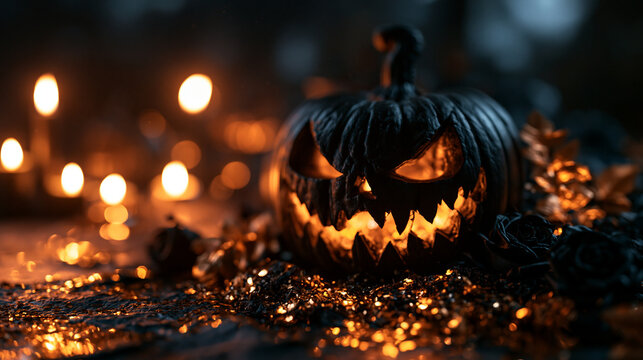 Spooky Carved Halloween Pumpkin Glowing in Dark Atmosphere