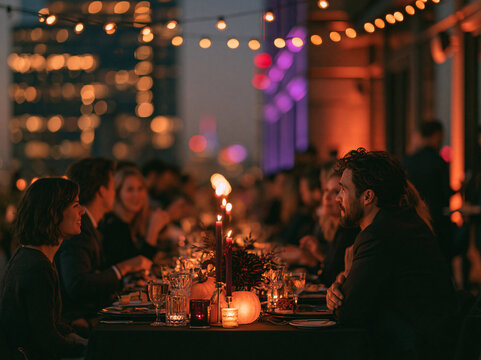 Long outdoor Halloween dinner table, burgundy candles, pumpkins and wild floral centerpiece with blurred guests behind.
