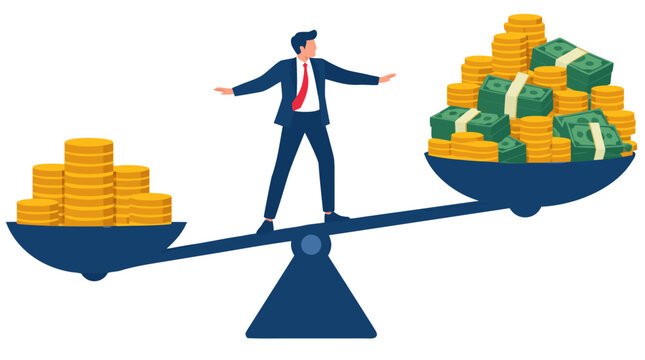 A businessman carefully balancing along a tipping seesaw balance beam loaded with gold coins on one pan and cash bundles on the other in a flat vector financial equilibrium artwork