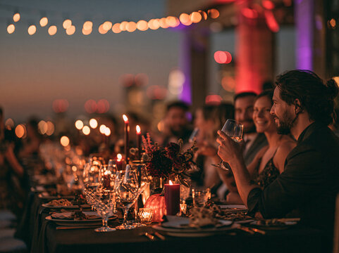 Long outdoor Halloween dinner table, burgundy candles, pumpkins and wild floral centerpiece with blurred guests behind.