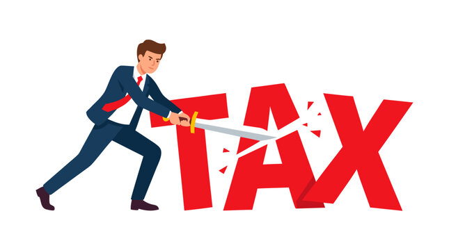 A determined businessman slicing through giant red three-dimensional letters spelling TAX with a sharp steel sword on a plain white backdrop in decisive flat vector finance artwork