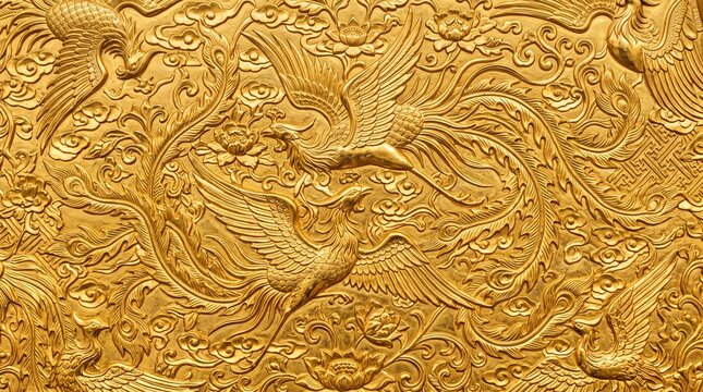 Traditional Chinese Golden Phoenix Relief Carving Pattern