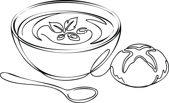 Continuous line of a bowl of soup with a spoon and a round bread roll, simple minimalist food on a white background