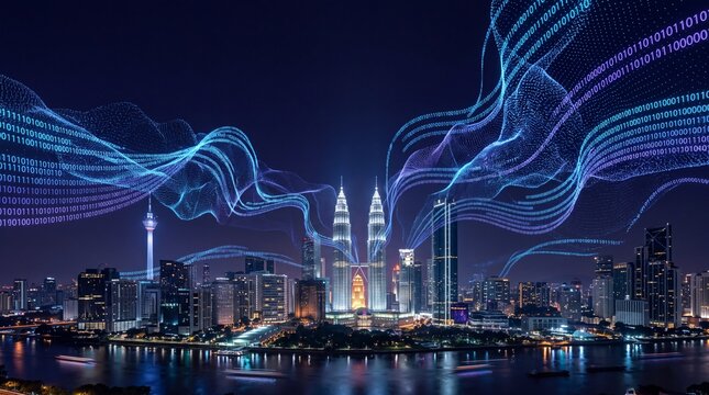 Smart City Digital Data Network Flowing Over Kuala Lumpur Skyline