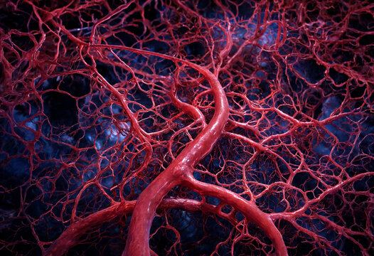 Detailed closeup view of human blood vessel network system