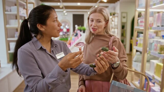 Hispanic sales assistant showing facial rollers to mature Caucasian customer in beauty cosmetics store. Footage fits skincare retail marketing and customer service promos
