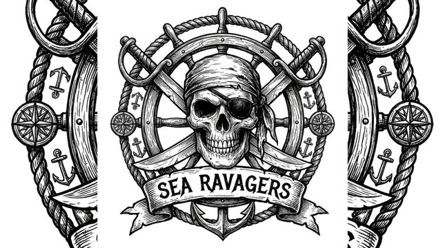 Vintage pirate skull emblem with ship wheel and anchors.