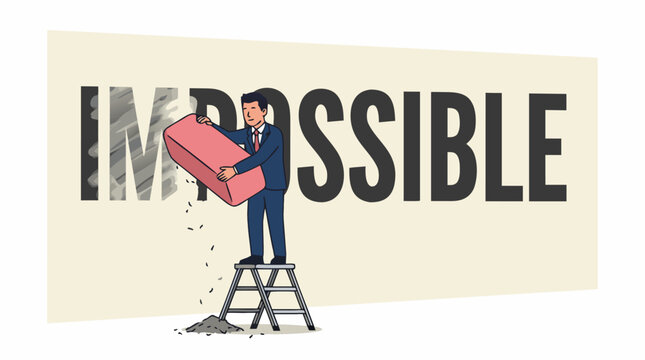 Businessman on step ladder erasing letters IM from the word impossible with pink rubber vector illustration showing motivation, positive mindset, and optimism on clean white background