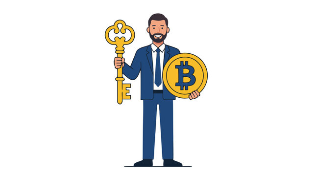 Bearded corporate businessman in a blue suit holding a giant ornate golden antique key alongside a large round cryptocurrency coin, digital finance security flat vector illustration on white