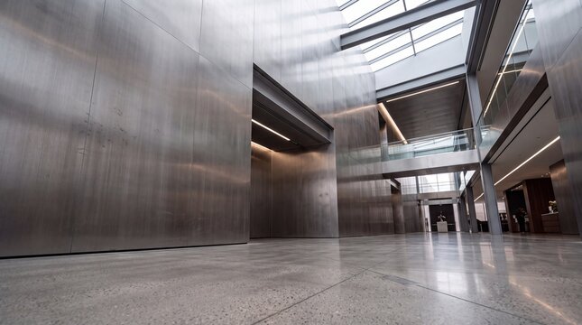 Modern Corporate Building Lobby with Steel Walls and Skylight