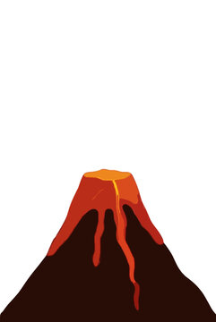 A conical volcanic mountain peak erupting with glowing molten red magma and bright orange lava streams flowing down its slopes rendered in a dramatic nature vector illustration on white space