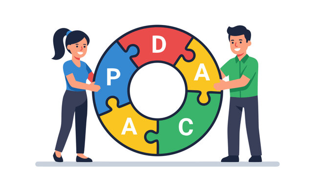 Vector illustration of two smiling coworkers assembling circular puzzle composed of four interlocking colored pieces labeled with letters p d c a set against solid clean white background