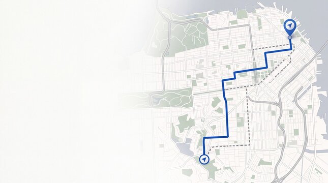 GPS Navigation Map with Blue Route and Copy Space