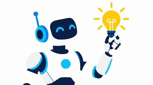 Friendly white and blue android robot holding a luminous yellow lightbulb overhead to symbolize forward technological innovation and smart creative ideas in a flat graphic vector illustration