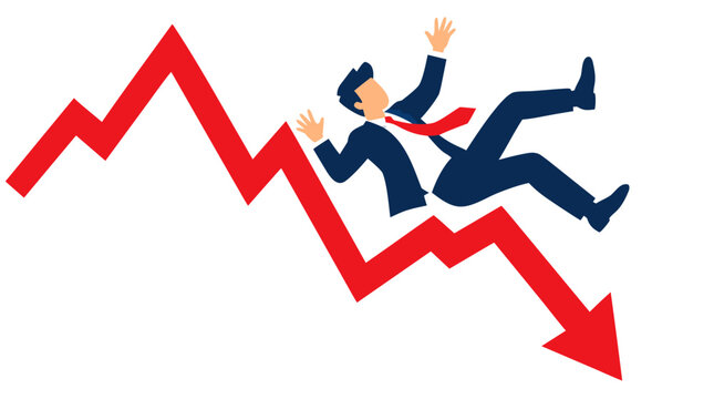 Panicked corporate businessman falling backwards in midair alongside a jagged plunging red financial chart arrow showing a sudden market collapse in a graphic crisis vector illustration