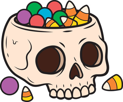 Human skull bowl filled with colorful candies and corn treats for halloween candy sweet treats spooky skull decoration skeleton head white background trick