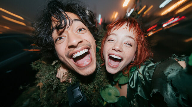 Joyful Young Friends in Costumes Taking Selfie at Night
