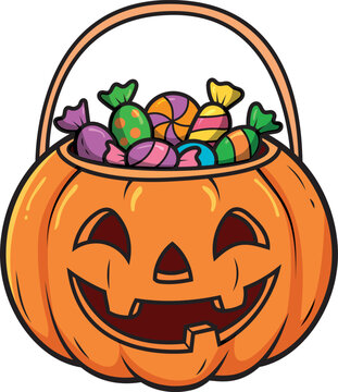 Cute jack o lantern pumpkin bucket filled with colorful sweet candies for halloween candy sweet treats trick or treat spooky season autumn holiday white background celebrati