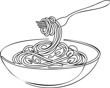 Single continuous line of a fork lifting spaghetti noodles from a bowl of pasta, isolated on a white background, minimalist food