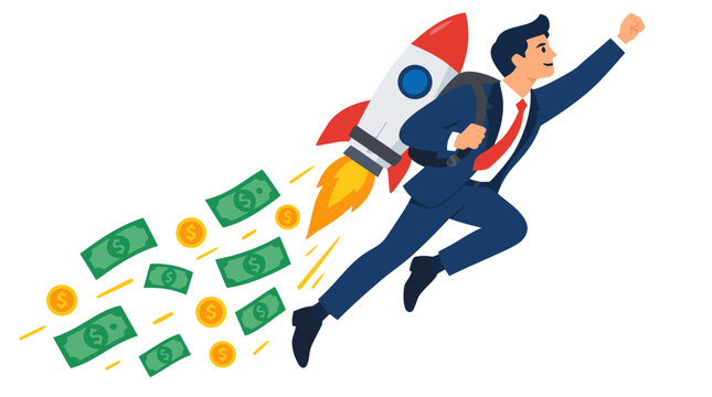 Confident businessman in blue suit launching upward with red and white rocket strapped to back, green dollar bills and gold coins flying behind, financial success growth investment concept flat