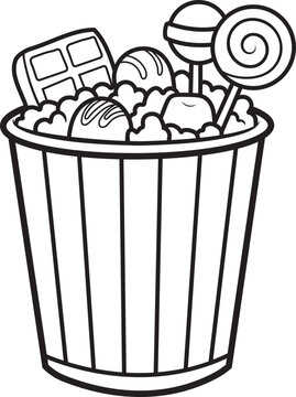 Black and white outline coloring page of popcorn bucket with chocolates and lollipops line art chocolate sweets outline drawing kids activity coloring book sweet treats white background