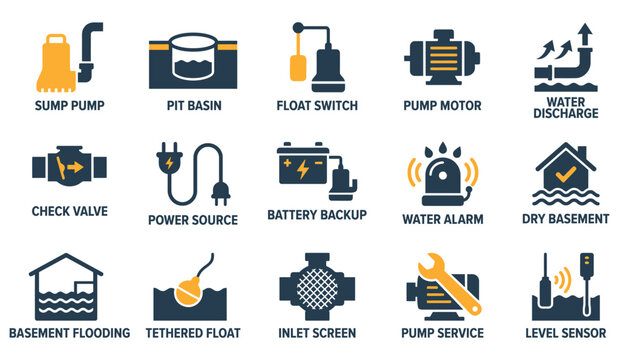 Set of sump pump system icons for basement water drainage and flood control equipment featuring plumbing components Editable Solid Fill Vector Icon Pack