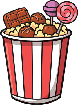 Red and white striped popcorn bucket filled with popcorn and delicious chocolate sweets movie snacks cup sweet treats cinema food chocolate bar striped container white background