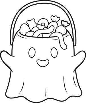 Black and white outline coloring page of cute ghost bucket filled with halloween candy line art outline drawing kids activity coloring book sweet treats trick or treat white background