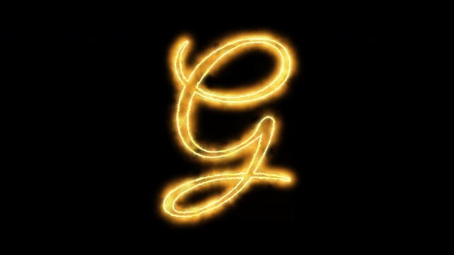 Glowing neon letter g animation, cursive alphabet character with golden light trails on black background