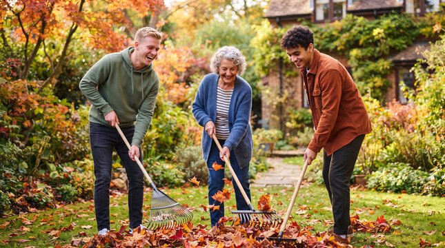 Two young volunteers and senior woman raking autumn leaves together in garden. Smiling neighbors helping elderly lady with yard work near house