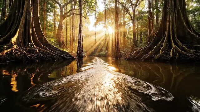 Boat POV Gliding Along Calm Amazon River Tributary Reflecting Dense Jungle