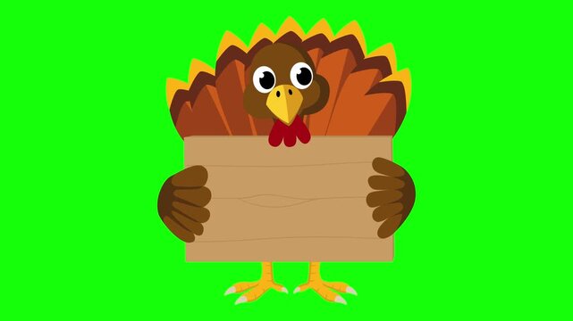 Cute cartoon turkey holding a blank wooden sign, designed for Thanksgiving and fall holiday motion graphics.