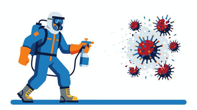 Worker in Blue Protective Hazmat Suit with Mask and Goggles Spraying Sanitizer Disinfectant Against Spiky Coronavirus COVID-19 Virus Particles Bold Flat Vector Illustration