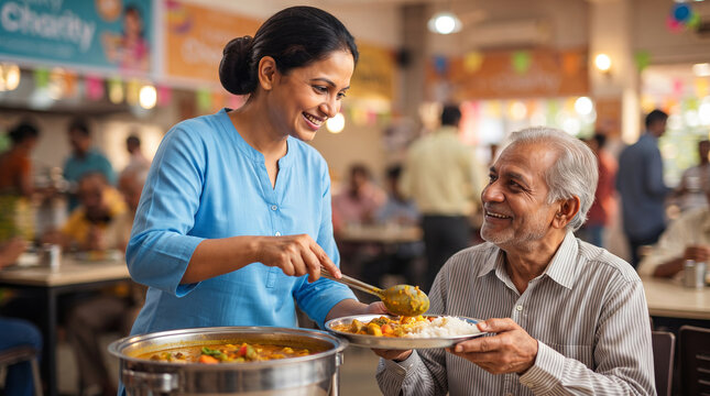 Smiling woman volunteer serving free food to elderly man at charity soup kitchen. Warm community meal program for poor and senior people