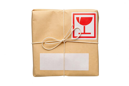 Brown Kraft Paper Wrapped Parcel Tied with Twine and Fragile Sticker