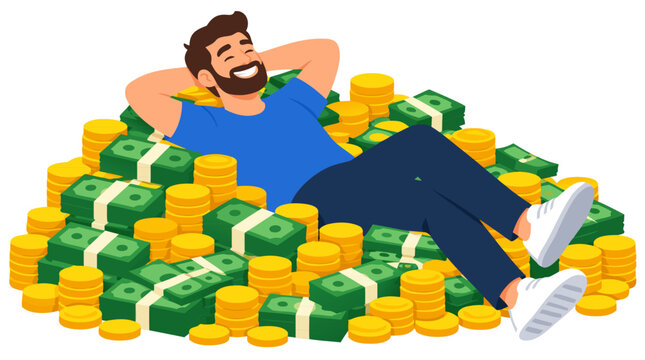 Happy rich bearded man in blue t-shirt reclining with hands behind head on massive pile of gold coins and bundles of green cash symbolizing wealth prosperity financial success and abundance