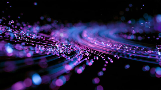 Neon purple and blue water droplets spiraling on a dark background. Abstract fluid motion design for technology or science digital concepts.